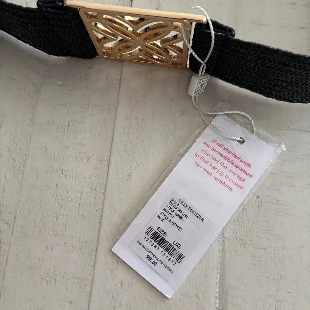 NWT Lilly Pulitzer Arta Woven Straw black and gold Belt Size L/XL